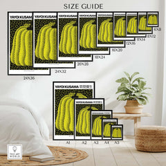 Yayoi Kusama Yellow Black Pumpkin 1991 Hong Kong Art Print Poster Polka Dot Decor size guide showing various dimensions.