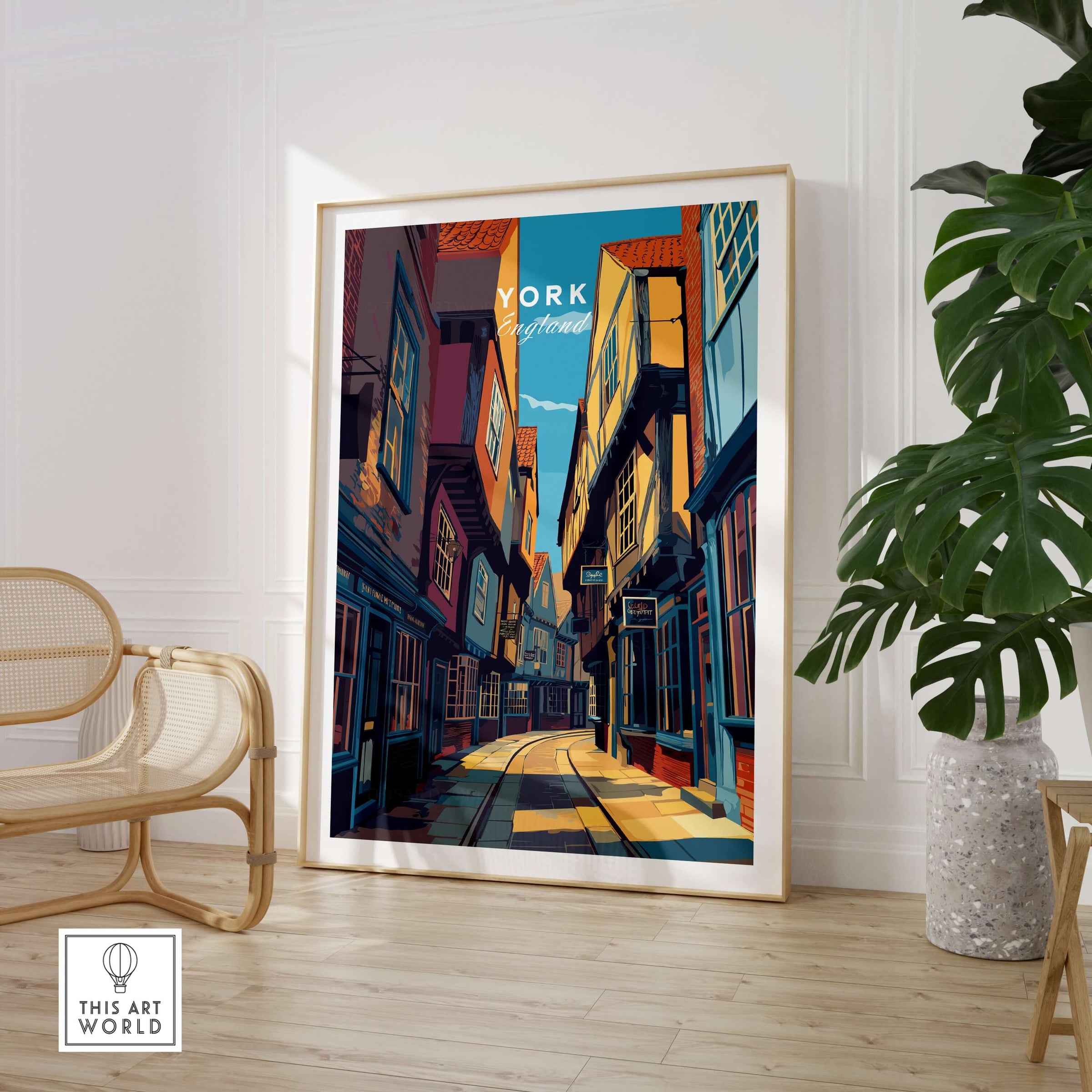 York England Ancient Shambles Lane Poster - Classic English City Art displayed in a modern interior setting.