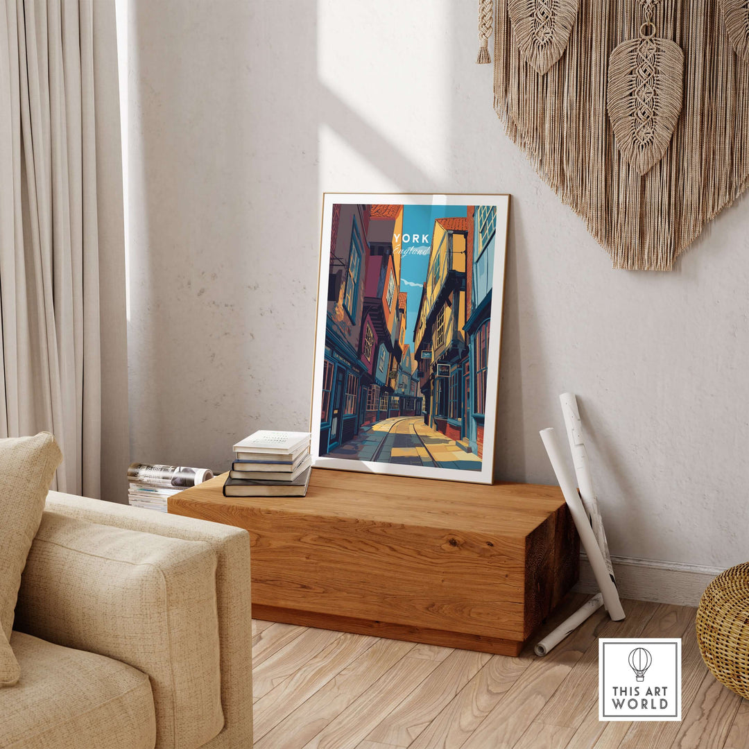 York England Ancient Shambles Lane poster displayed in a cozy room showcasing classic architecture and vibrant colors.