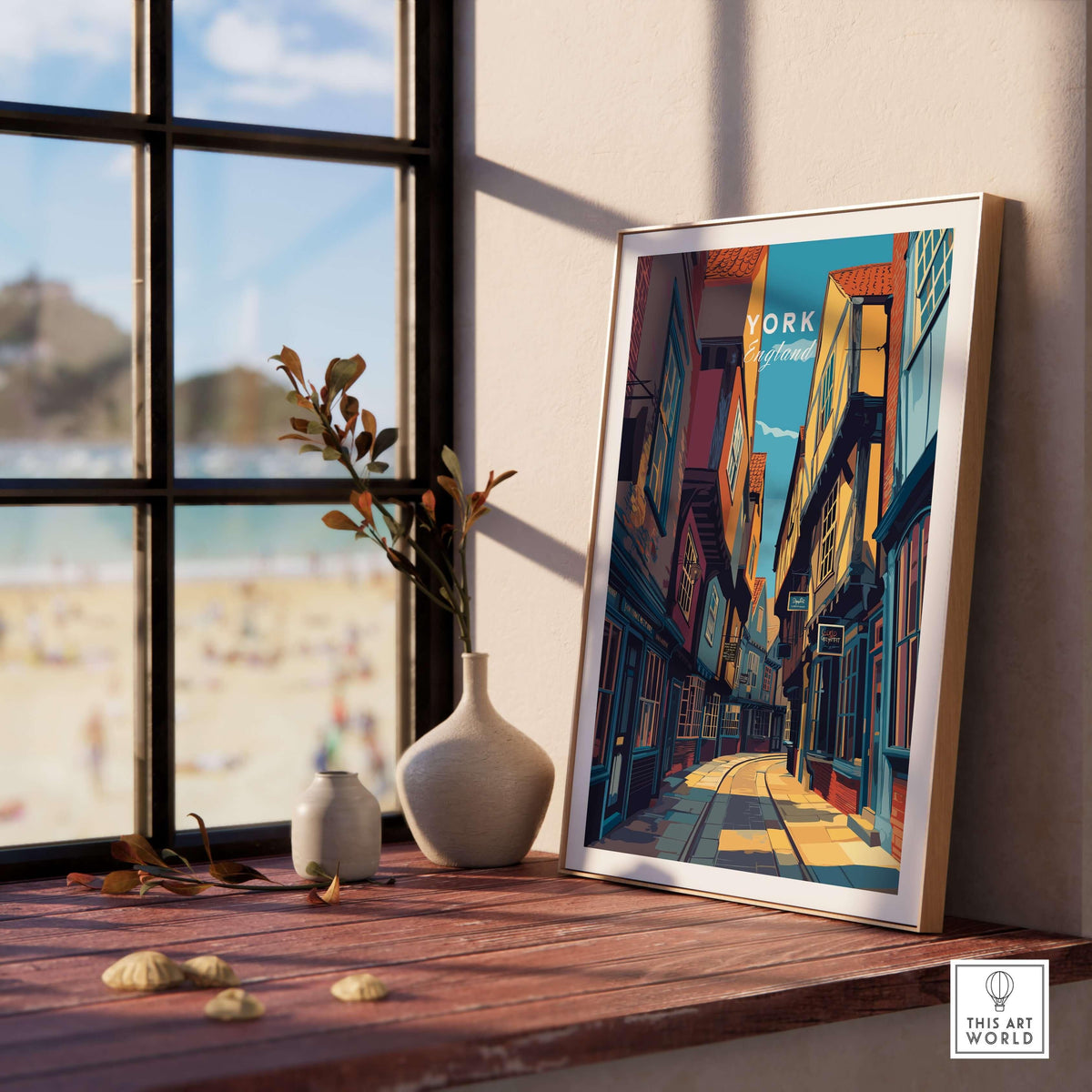 York England Ancient Shambles Lane Poster - Classic English City Art displayed in a sunlit room.
