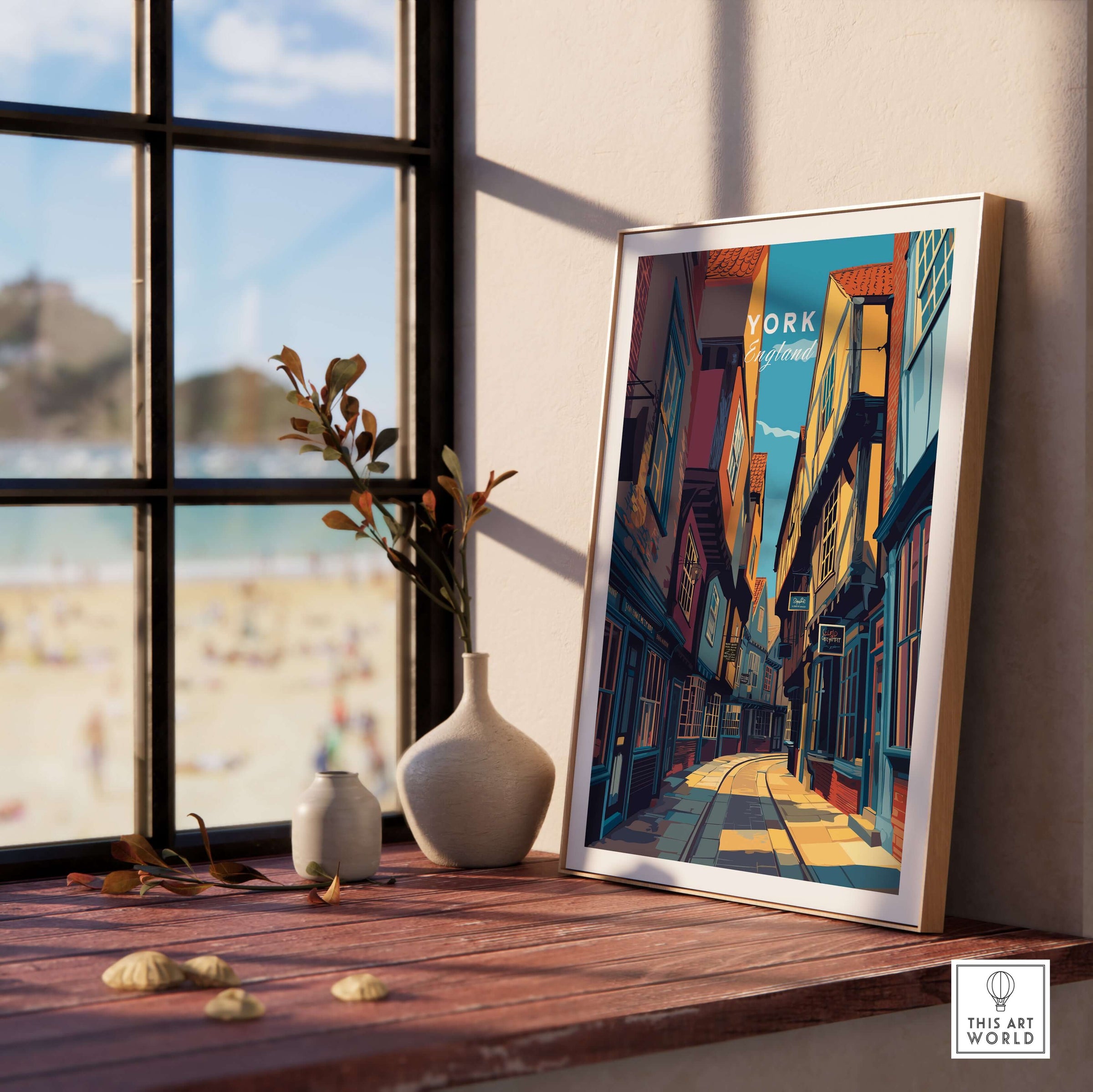York England Ancient Shambles Lane Poster - Classic English City Art displayed in a sunlit room.