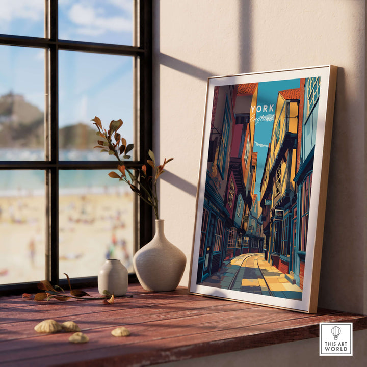 York Ancient Shambles Lane poster showcasing medieval architecture in a stylish interior setting.