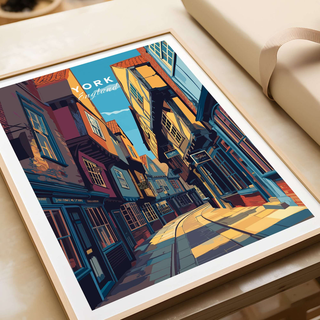 York England Ancient Shambles Lane poster showcasing charming medieval architecture in vibrant colors.