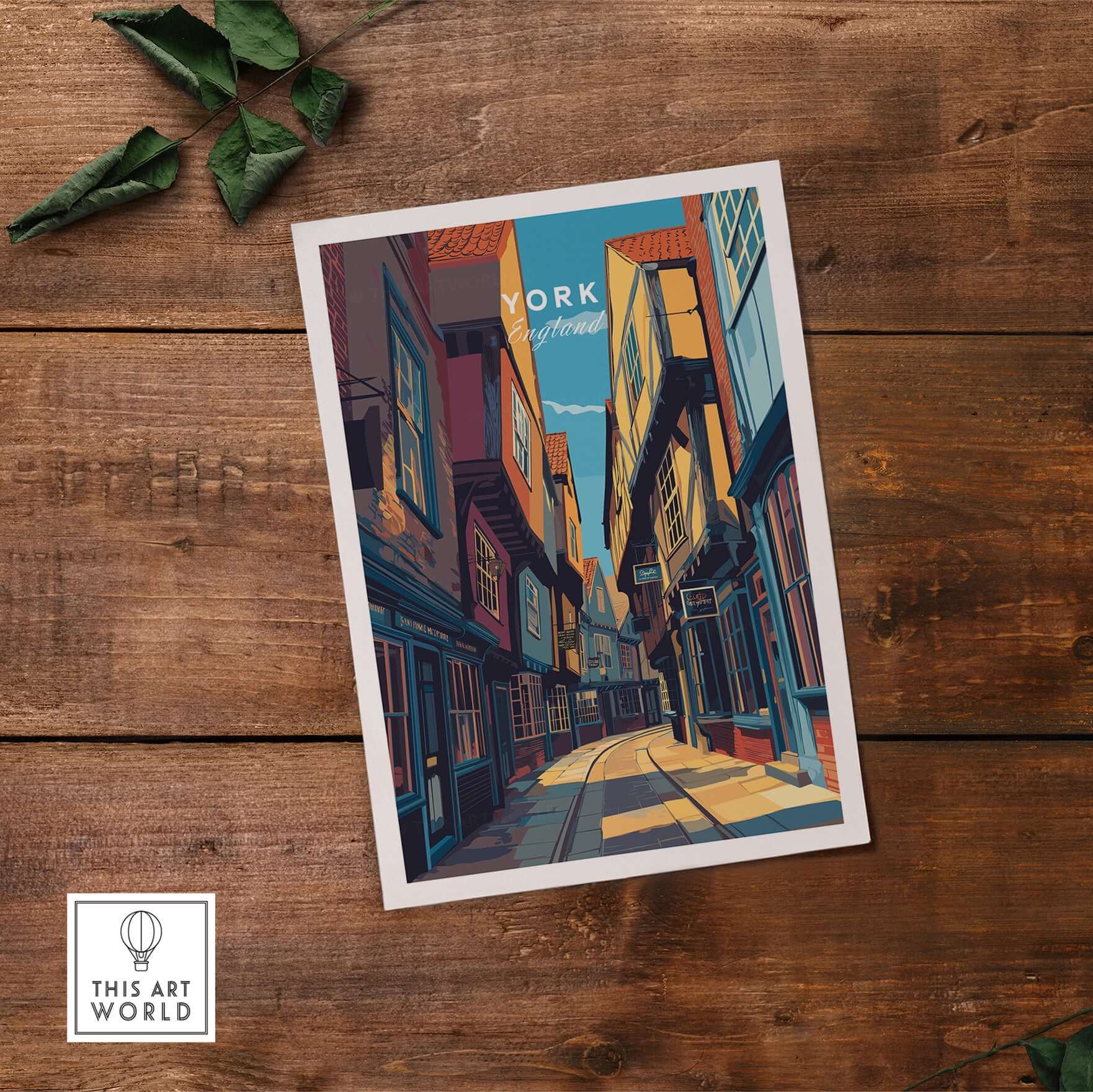 York England Ancient Shambles Lane Poster - Classic English City Art showcasing narrow medieval street and architecture.