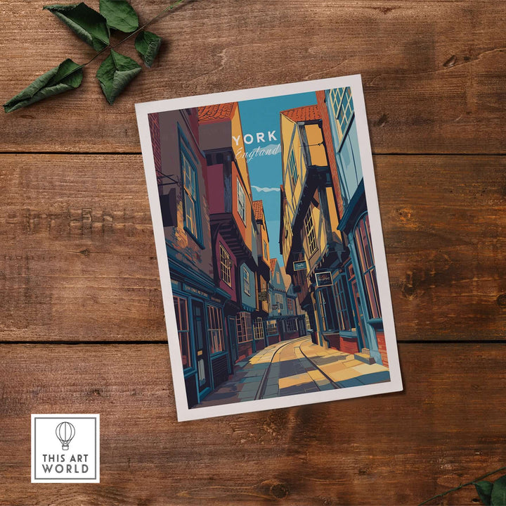 York England Ancient Shambles Lane poster showcasing medieval architecture and narrow street in vibrant colors.
