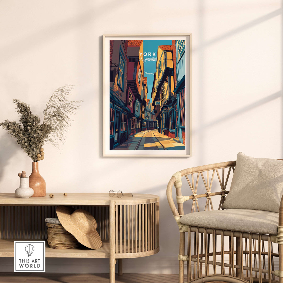 York Ancient Shambles Lane poster displayed in a modern living space with wooden furniture and decor.