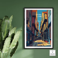 York England Ancient Shambles Lane Poster - Classic English City Art displayed in a stylish room with greenery.