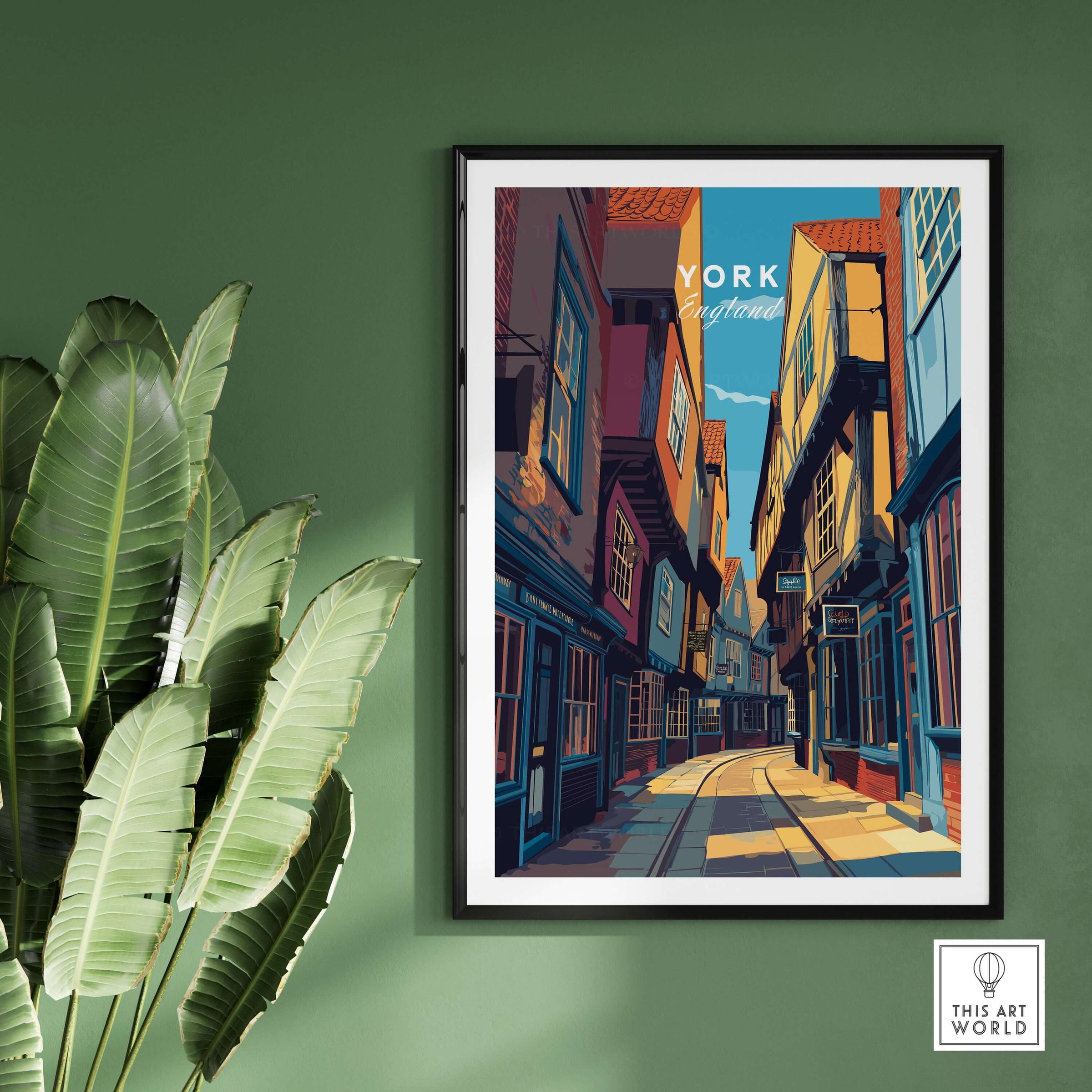 York England Ancient Shambles Lane Poster - Classic English City Art displayed in a stylish room with greenery.