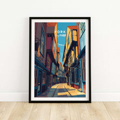York England Ancient Shambles Lane Poster - Classic English City Art showcasing a charming medieval street illustration