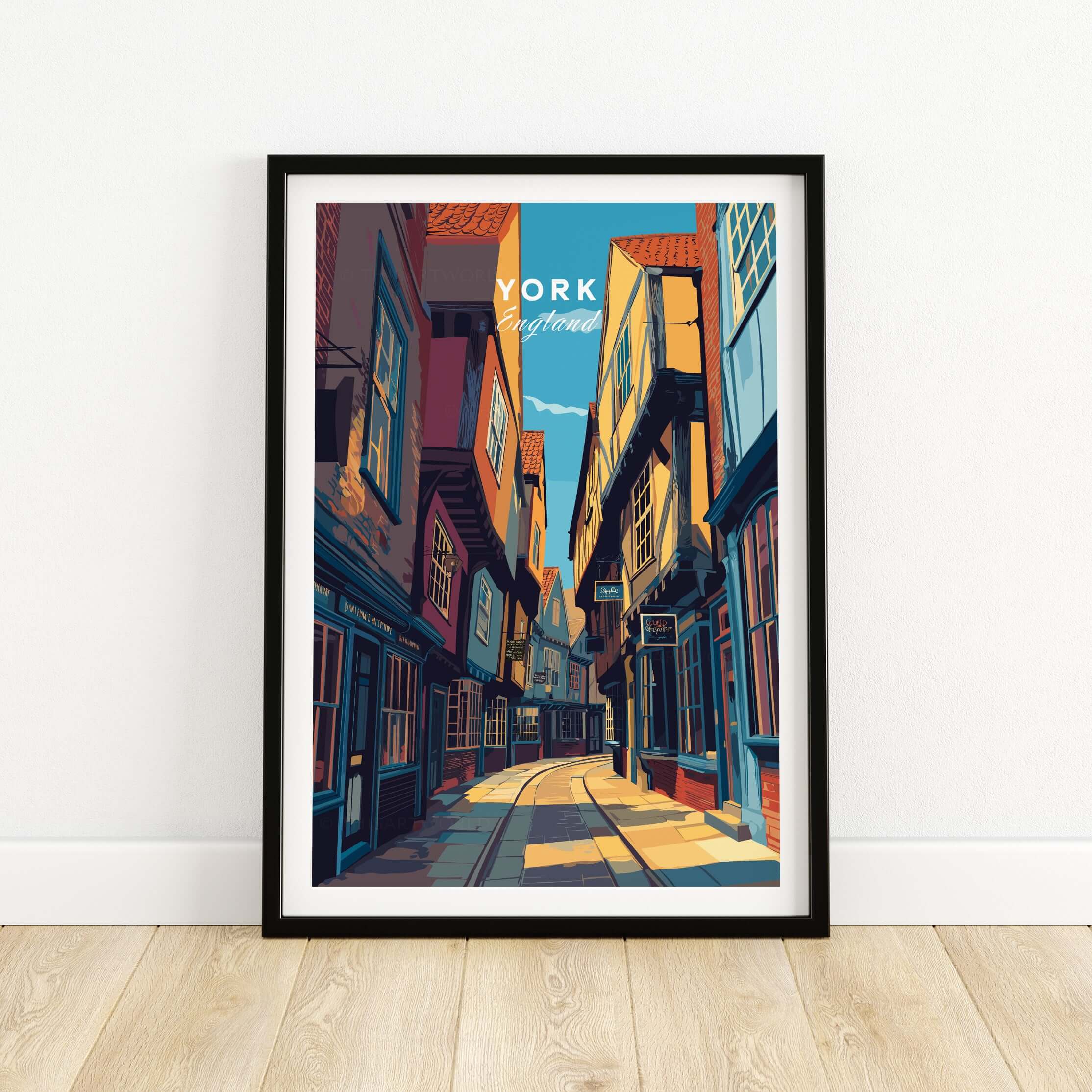 York England Ancient Shambles Lane Poster - Classic English City Art showcasing a charming medieval street illustration