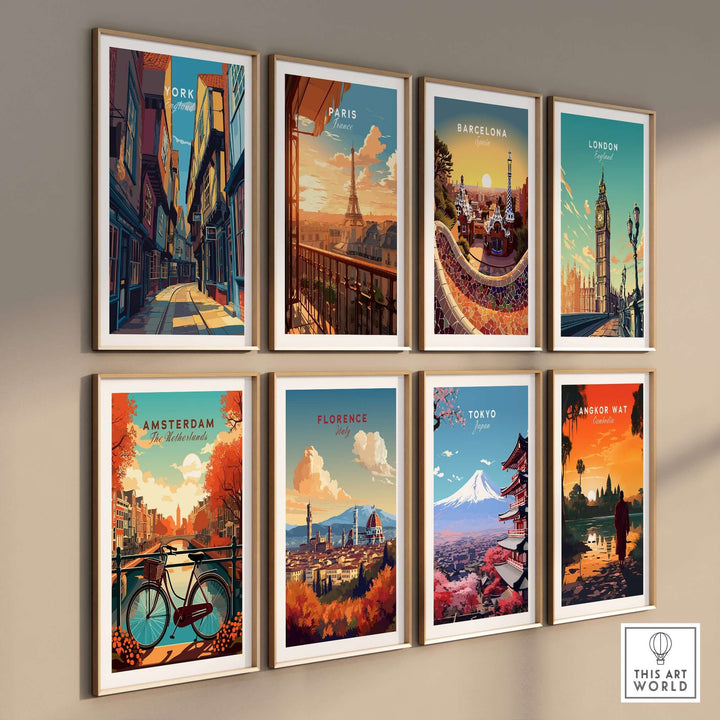Collection of city art posters featuring York, Paris, Barcelona, London, Amsterdam, Florence, Tokyo, and Angkor Wat.