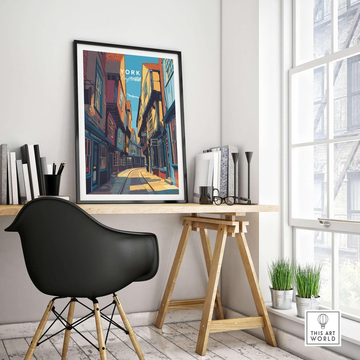 York England Ancient Shambles Lane Poster - Classic English City Art displayed in a modern office setting.