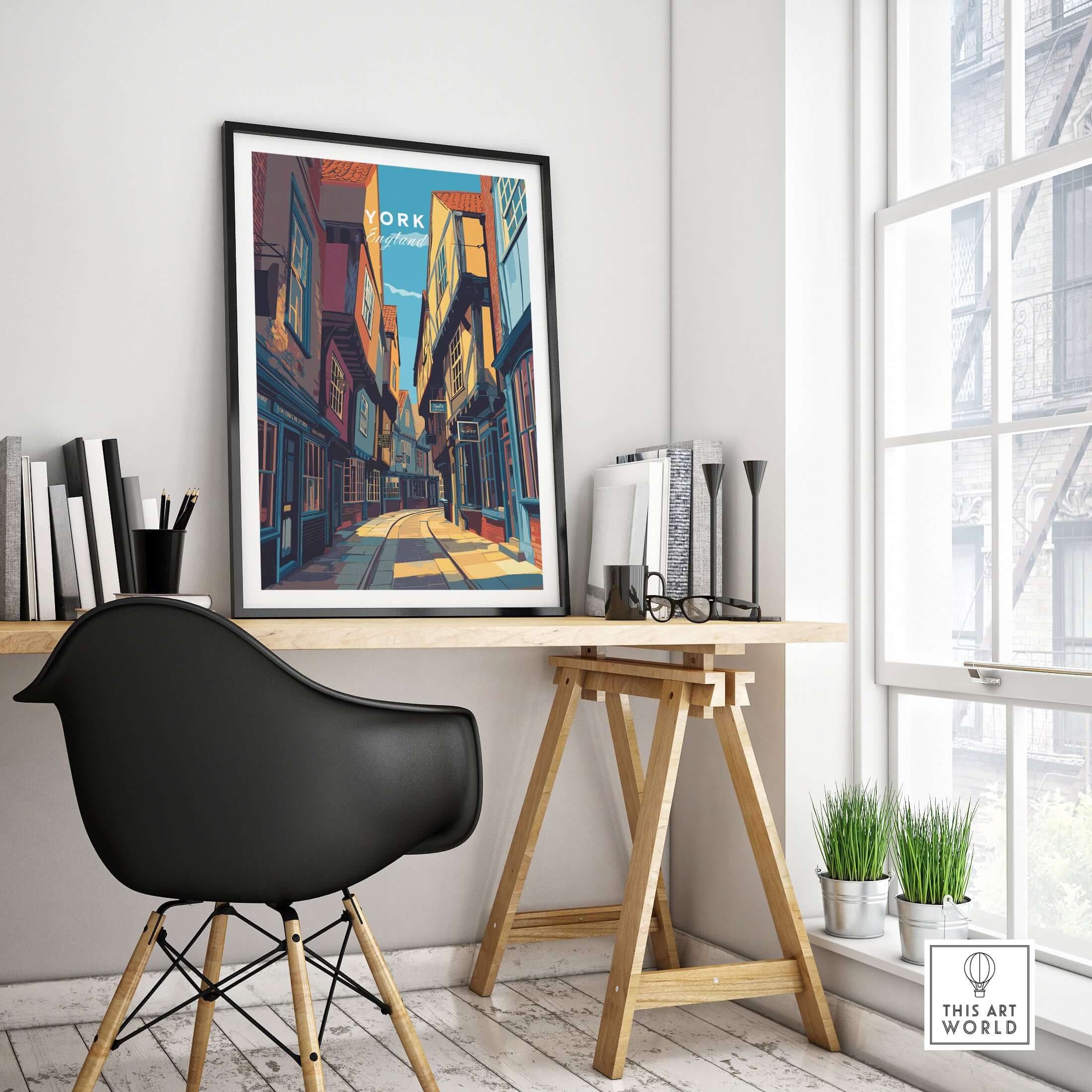 York England Ancient Shambles Lane Poster - Classic English City Art displayed in a modern office setting.