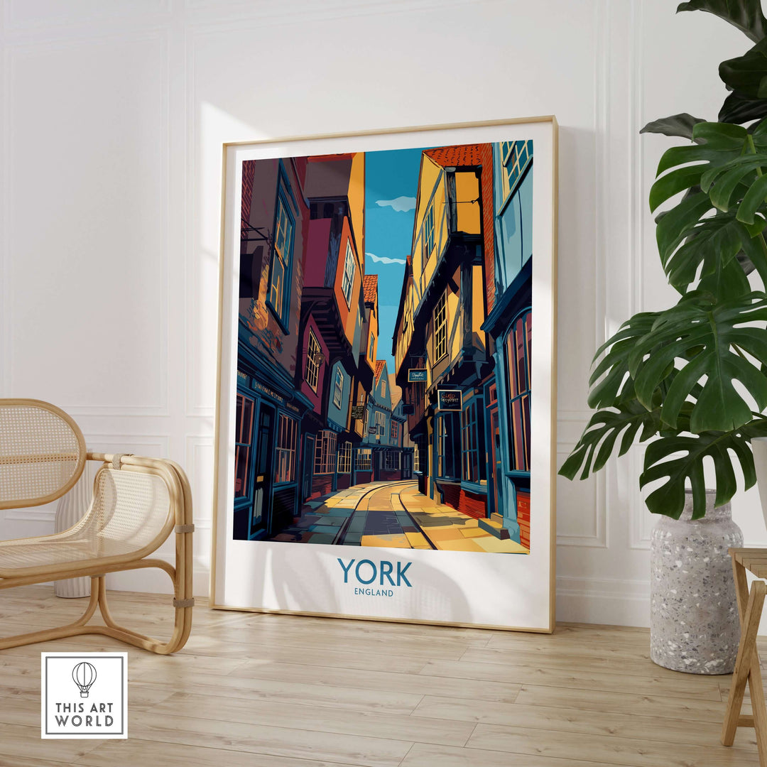 York England cobblestone street print showcasing historic architecture, perfect for British wall decor in any room.