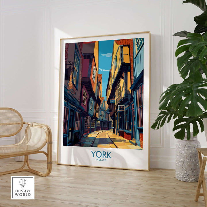 York England cobblestone street print showcasing historic architecture, perfect for British wall decor in any room.