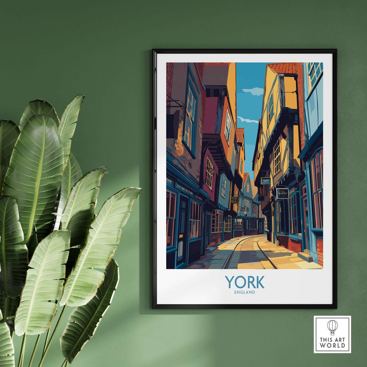 York England cobblestone street print wall decor on green wall, showcasing historic British architecture.