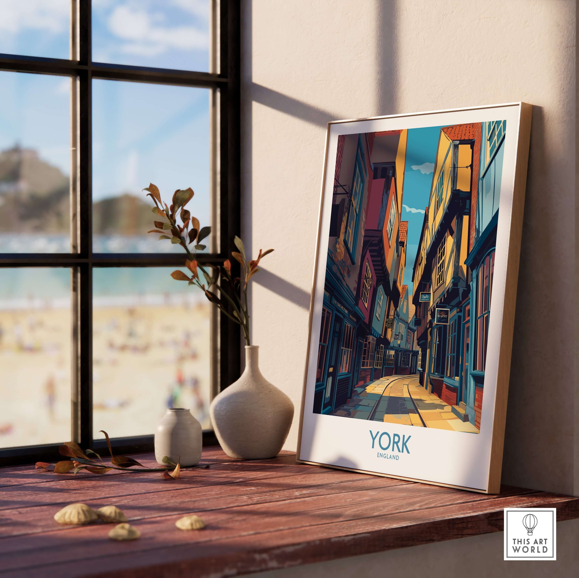 York England Cobblestone Street Print - Historic UK Wall Decor displayed in a bright room setting with decorative elements.