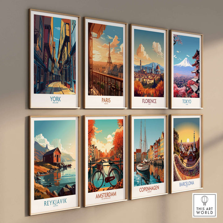 Collection of framed city prints featuring York, Paris, Florence, Tokyo, Reykjavik, Amsterdam, Copenhagen, and Barcelona.