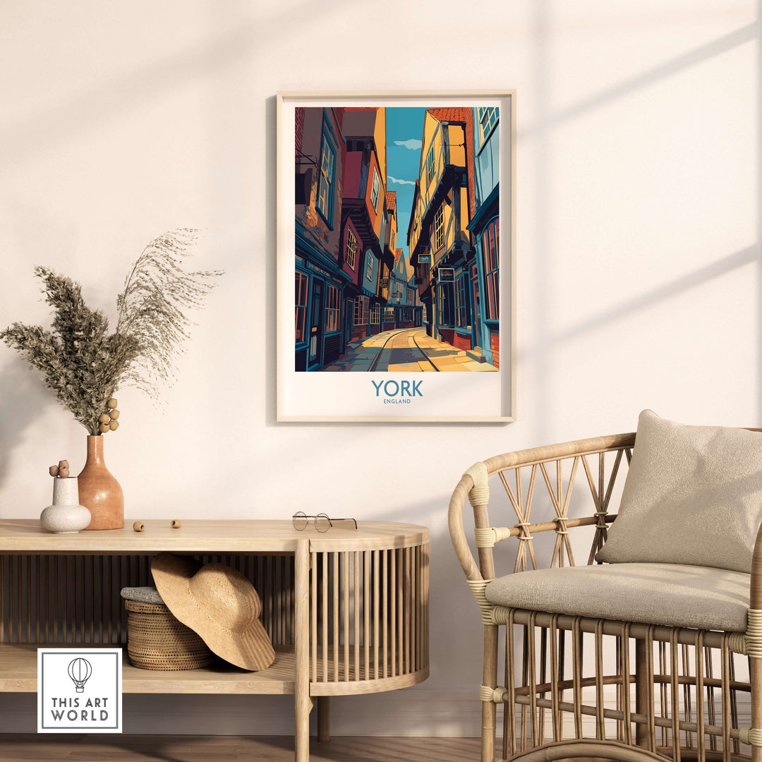 York England cobblestone street print displayed in a cozy room, showcasing historic UK wall decor.