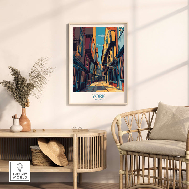 York England cobblestone street print displayed in a cozy room, showcasing historic UK wall decor.