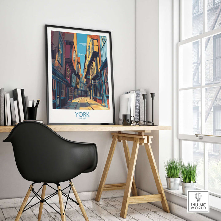 York England cobblestone street print in modern workspace, showcasing historic UK wall decor.