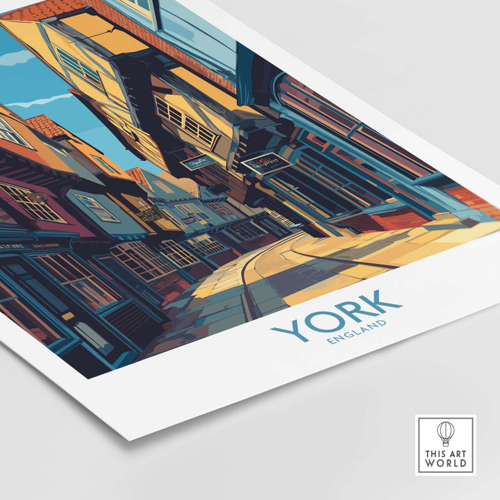 York England cobblestone street print showcasing historic architecture and vibrant colors for UK wall decor.