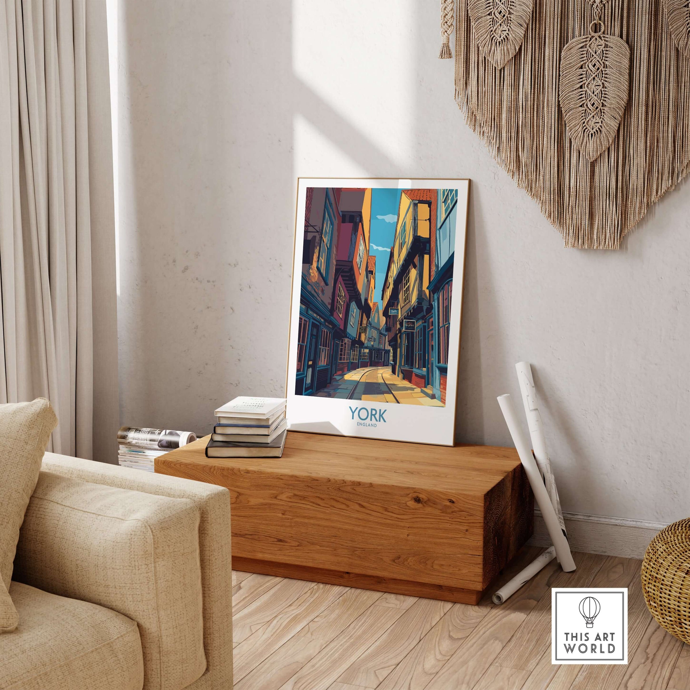 York England Cobblestone Street Print - Historic UK Wall Decor displayed in a cozy living room setting.