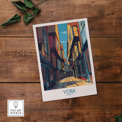 York England Cobblestone Street Print - Historic UK Wall Decor showcasing iconic streets in York's historic charm.