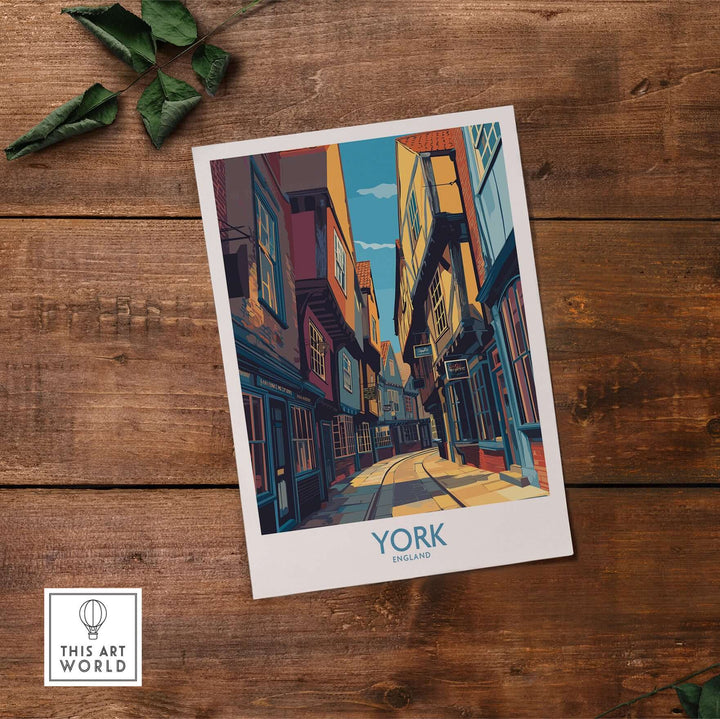 York England cobblestone street print, showcasing historic UK charm and vibrant wall decor.