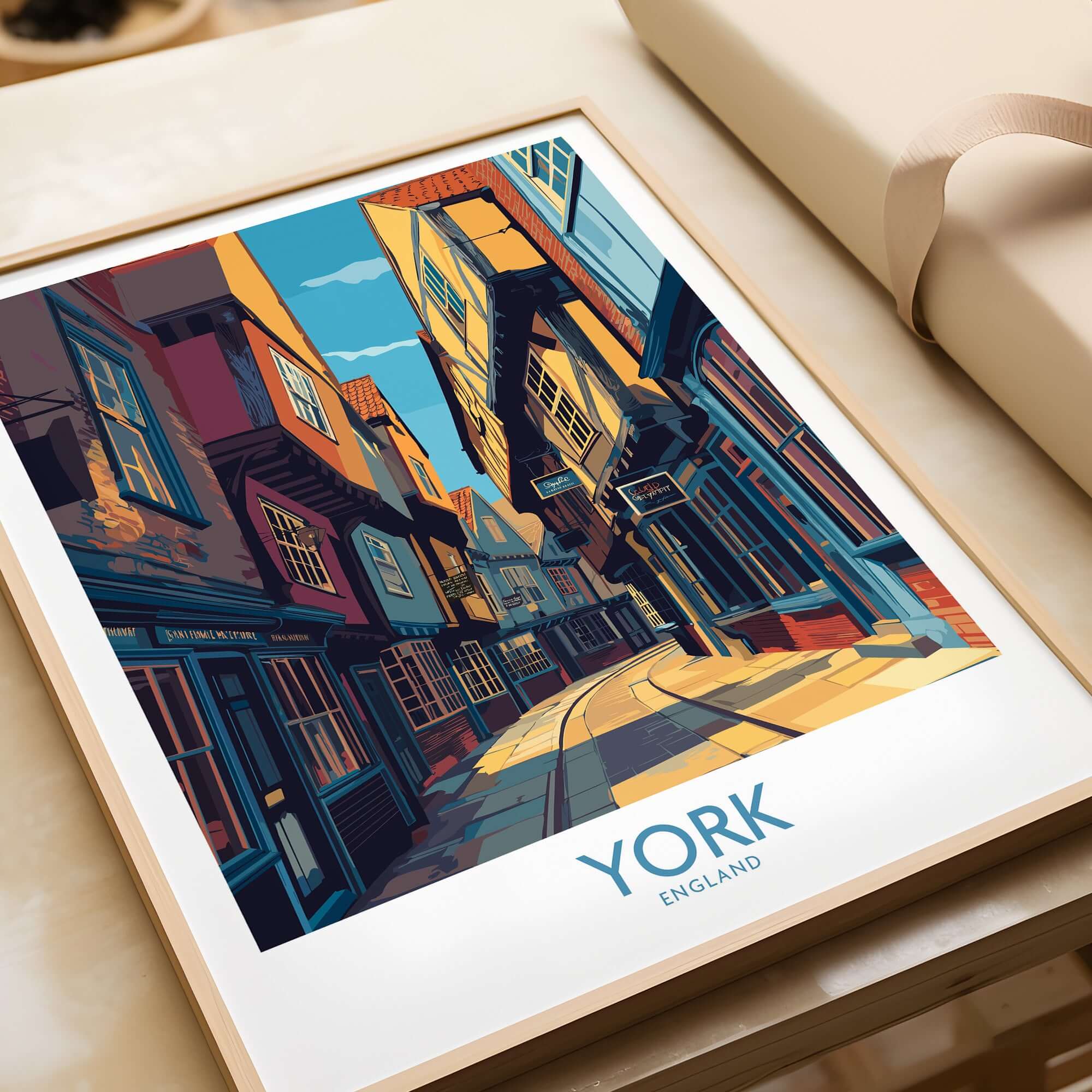 York England Cobblestone Street Print - Historic UK Wall Decor featuring vibrant artwork of York's streets.
