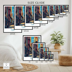 York England Cobblestone Street Print - Historic UK Wall Decor size guide showing various frame sizes.