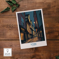 York England Historic Street at Dusk Poster - Evening Cityscape Decor featuring a charming evening street scene.