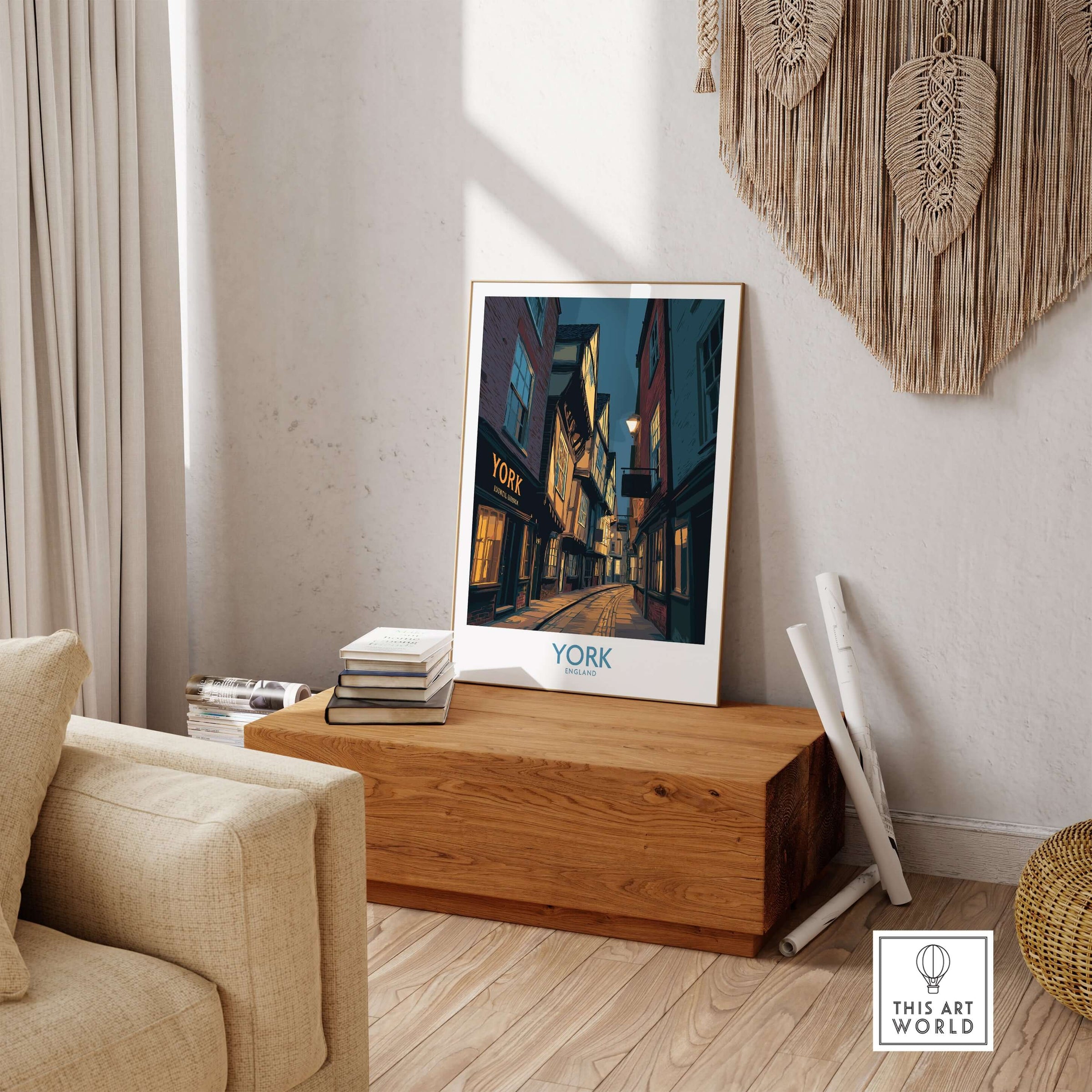 York England Historic Street at Dusk Poster - Evening Cityscape Decor displayed in a cozy living room setting.