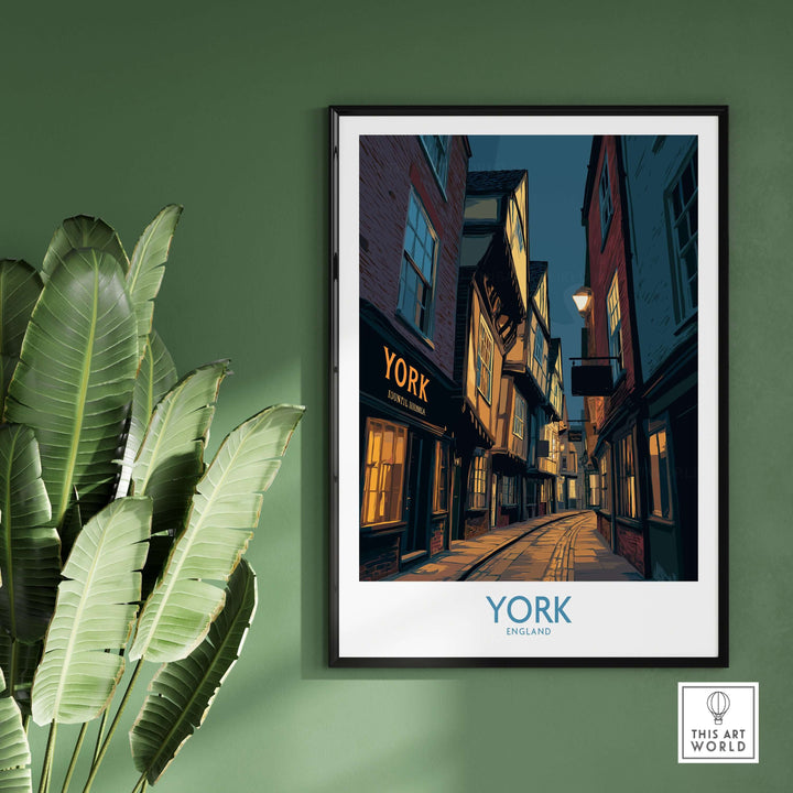 York England Historic Street at dusk poster showcasing an evening cityscape decor with charming warm lights.