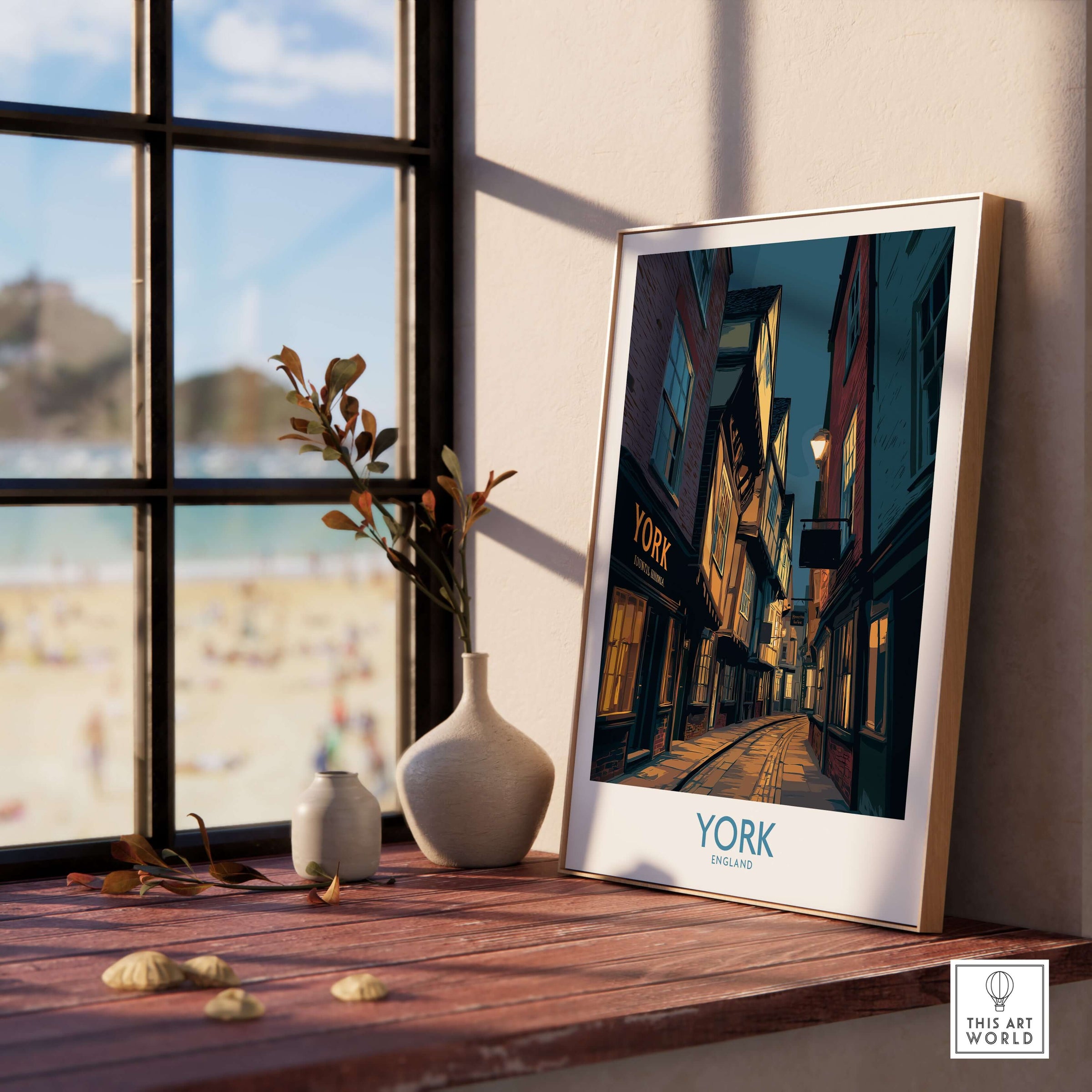 York England Historic Street at Dusk Poster - Evening Cityscape Decor displayed on a wooden desk by a window.