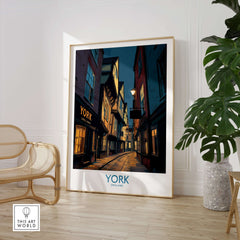 York England Historic Street at Dusk Poster - Evening Cityscape Decor displayed in a stylish interior.