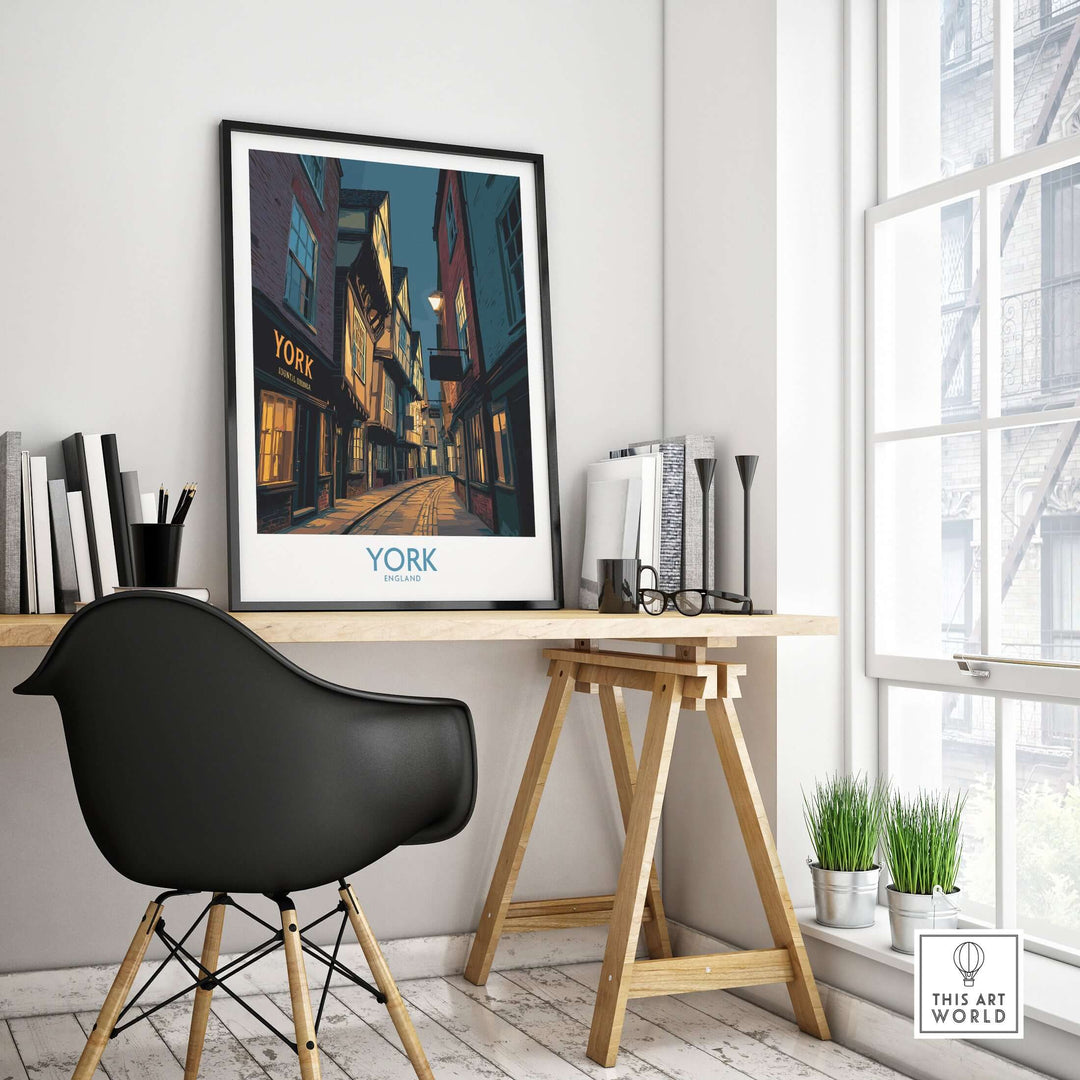 York England Historic Street at Dusk poster adorns a stylish workspace, showcasing warm cityscape decor.