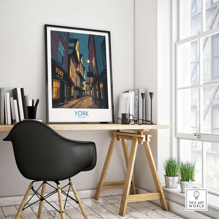 York England Historic Street at Dusk poster adorns a stylish workspace, showcasing warm cityscape decor.