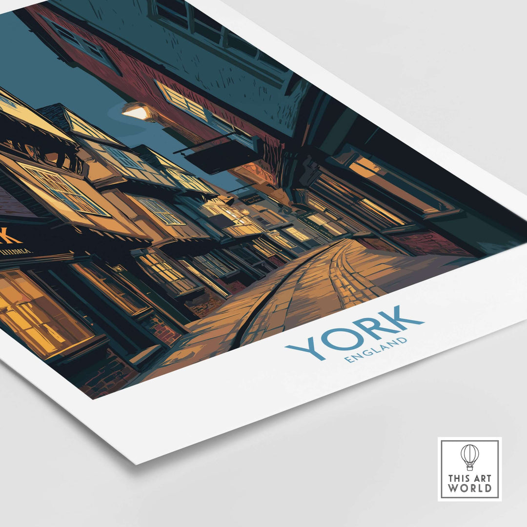 York England Historic Street at Dusk poster showcasing a charming cityscape with warm street lights.