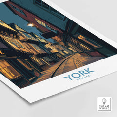 York England Historic Street at Dusk Poster - Evening Cityscape Decor showcasing a twilight view of historic streets.