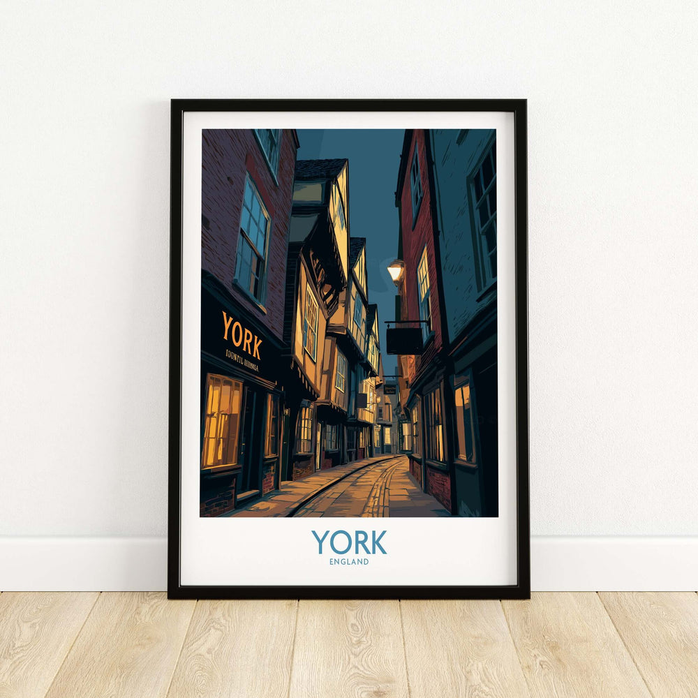 York England historic street poster showcasing evening cityscape decor with warm glowing lights.