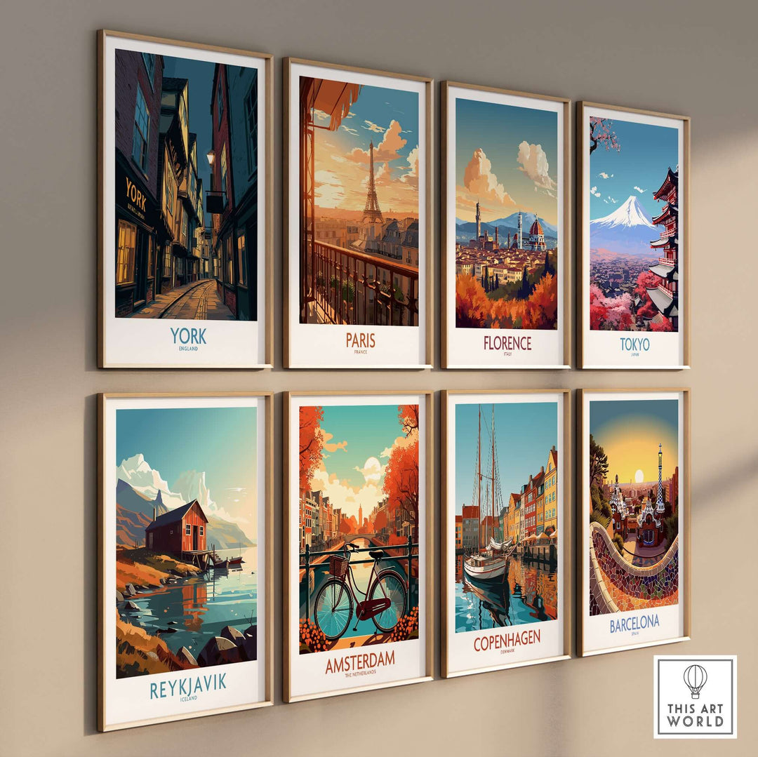 Gallery of cityscape posters featuring York, Paris, Florence, Tokyo, Reykjavik, Amsterdam, Copenhagen, and Barcelona.