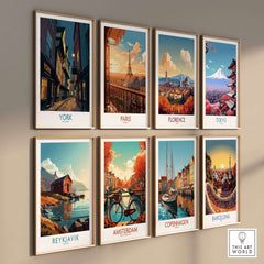 York England Historic Street at Dusk Poster - Evening Cityscape Decor displayed among other city posters.