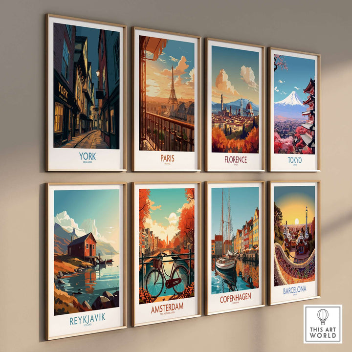 Gallery of cityscape posters featuring York, Paris, Florence, Tokyo, Reykjavik, Amsterdam, Copenhagen, and Barcelona.