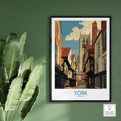 York England Historic Street & Landmark Wall Art - English Cityscape Decor in framed display with green background.