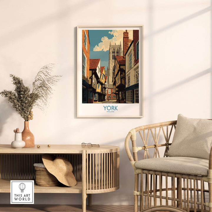 York England historic street wall art featuring iconic architecture in a cozy living room setting.