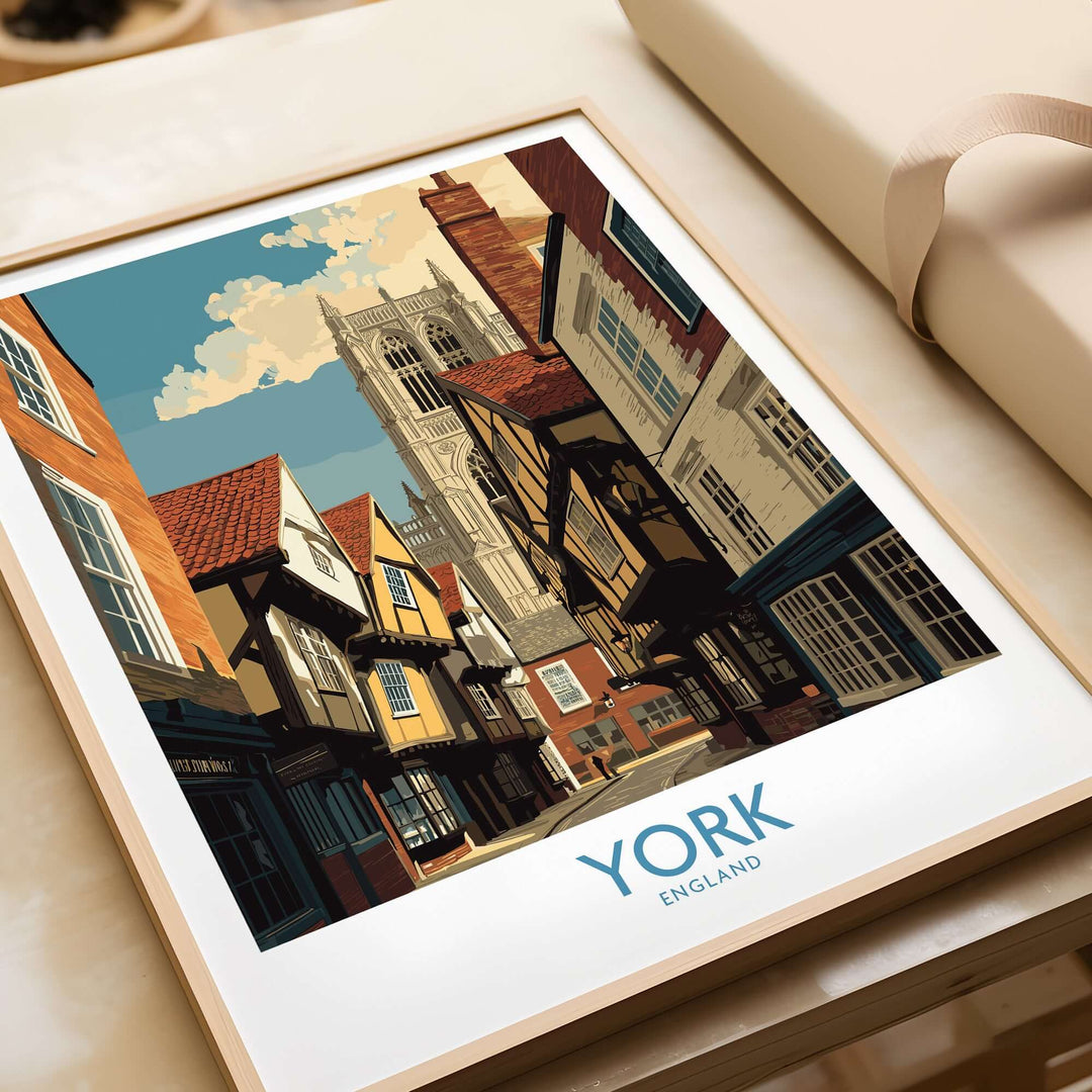 Framed wall art featuring historic York, England, showcasing charming streets and iconic architecture.