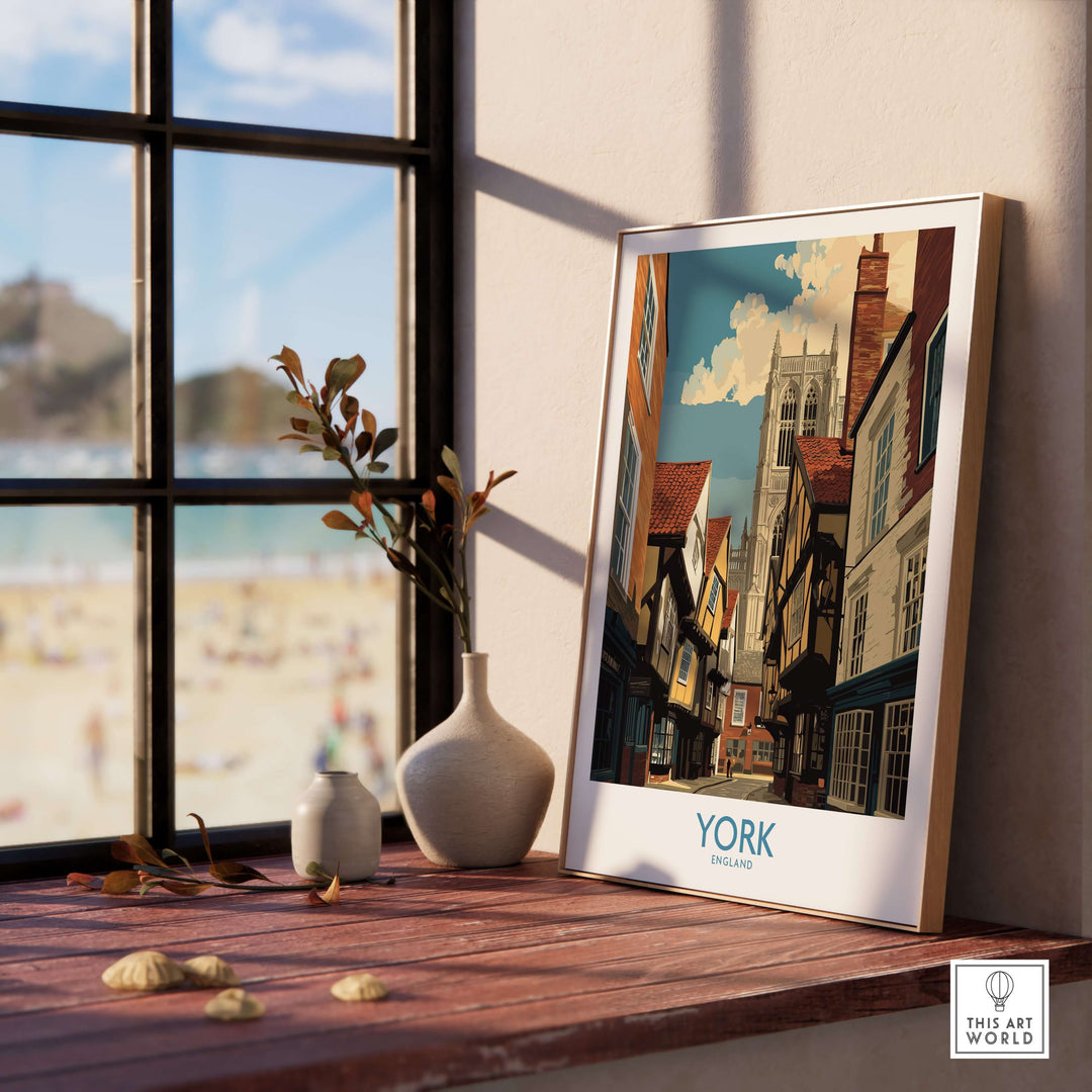 York England historic street wall art displayed on a windowsill, highlighting classic architecture and cityscape decor.