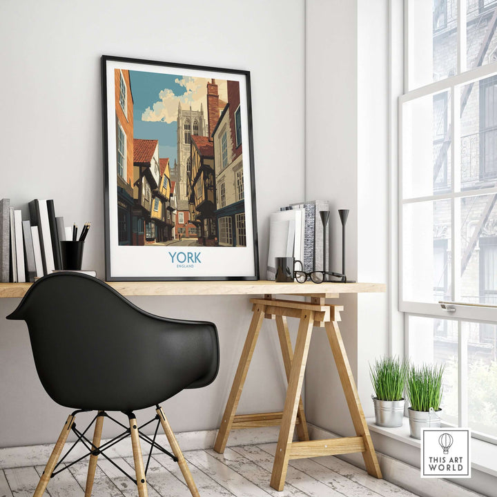 York England historic street wall art displayed in a stylish home office setting, featuring classic architecture.