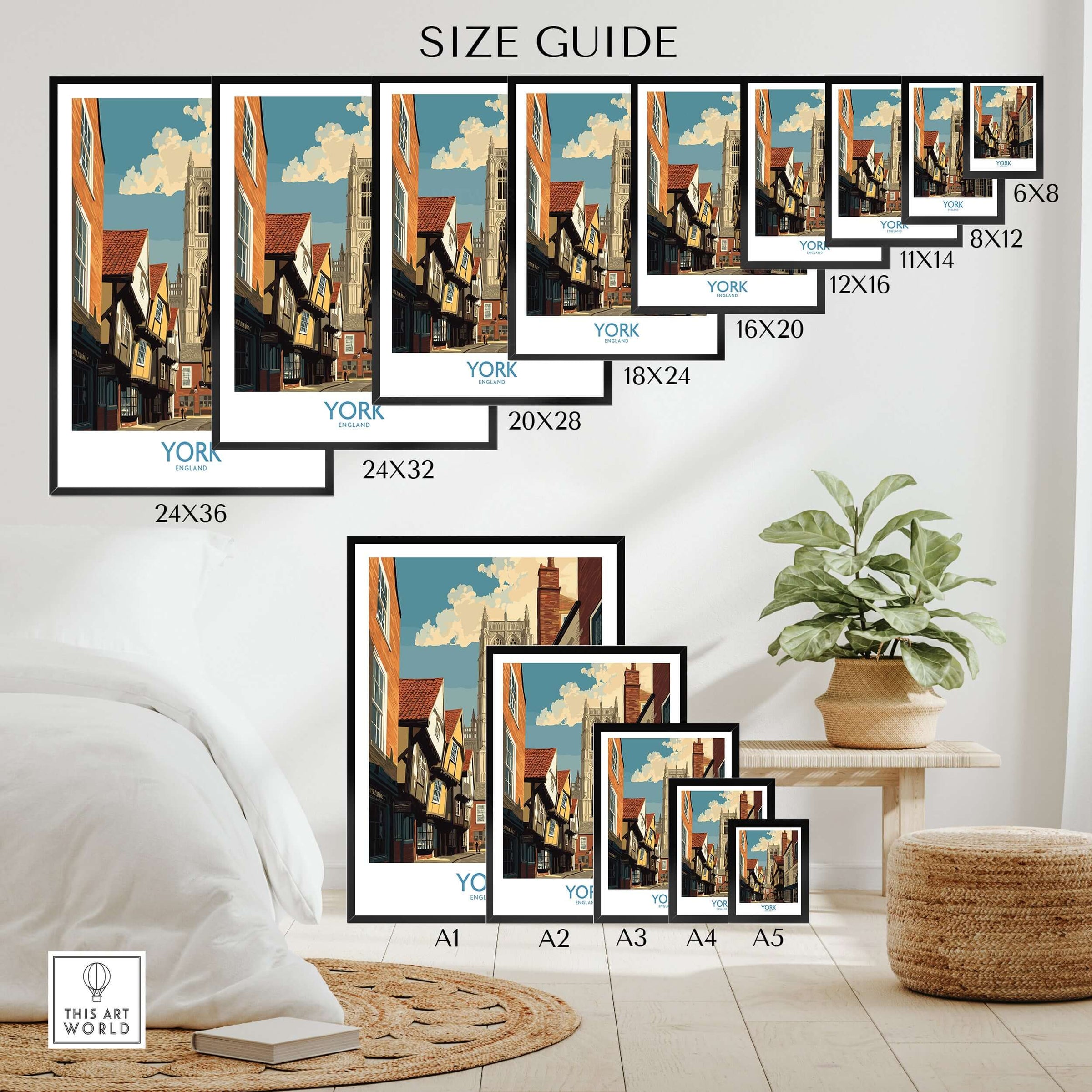 York England Historic Street & Landmark Wall Art - English Cityscape Decor size guide showing various frame sizes.